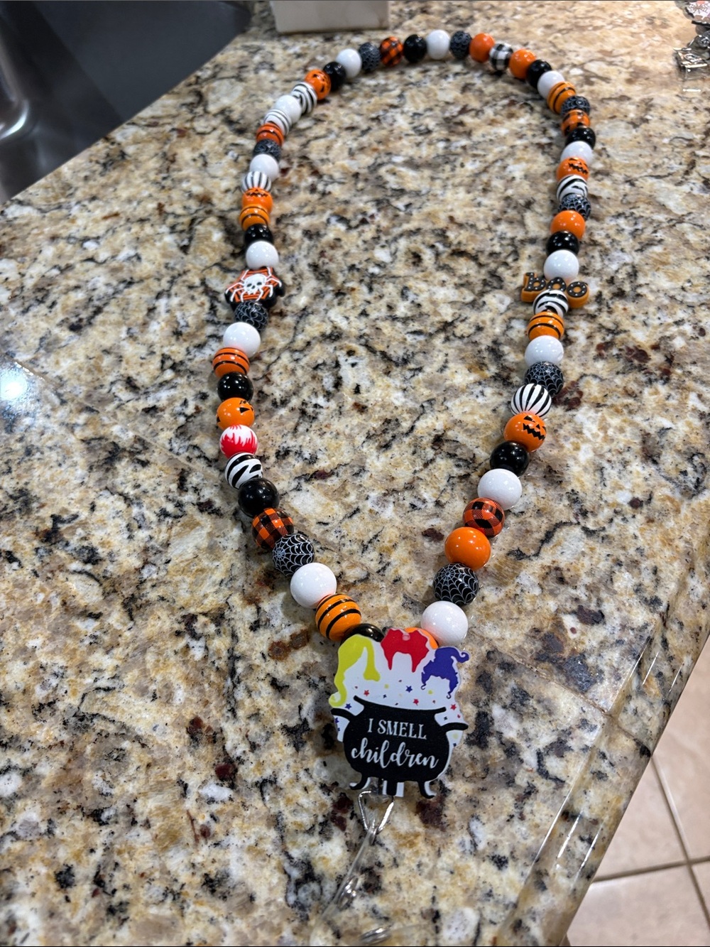 Kids Halloween Beaded Lanyard Necklace - Orange, Black & White